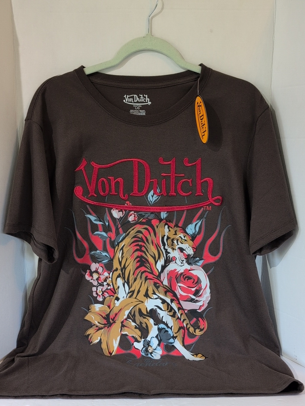 NWT Von Dutch Mens's Brown Graphic Tiger Logo Tee, Large
